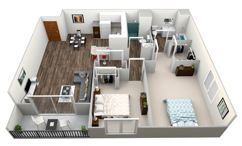 Floor plan for 2 beds, 2 baths, 965 sqft